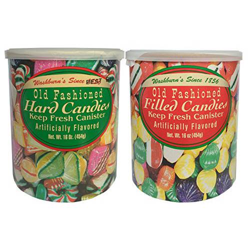Washburn Old Fashioned Hard Candies and Filled Candies 16 Oz. Each (2 Canister Bundle)