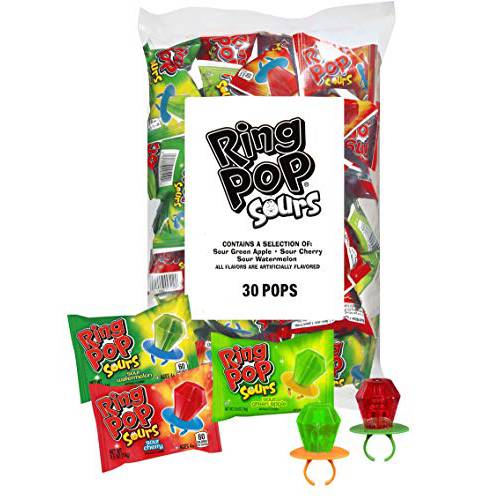 Ring Pop Sours Individually Wrapped Bulk 30 Count Lollipop Variety Holiday Party Pack – Lollipop Suckers w/ Assorted Sour Fruity Flavors - Fun Candy for Holiday Parties and Stocking Stuffers