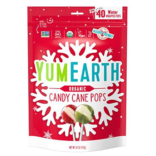 YumEarth Holiday Organic Candy Cane Pops, 40 Winter Wrapped Pops, Allergy Friendly, Gluten Free, Non-GMO, Vegan, No Artificial Flavors or Dyes