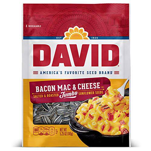 DAVID Seeds Roasted and Salted Bacon Mac & Cheese Jumbo Sunflower Seeds, Keto Friendly, 5.25 oz, 12 Pack