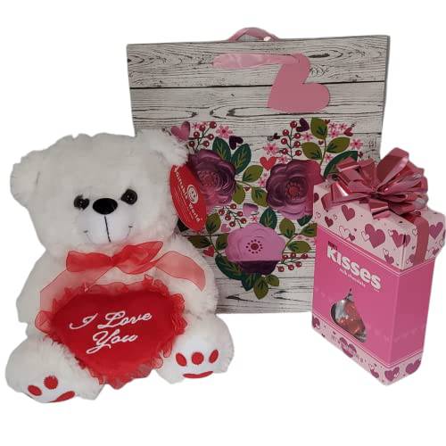Valentines day Gift Basket Set |Teddy Bear Plush (Color May Vary) Hershey’s Kisses Milk Chocolate Box | V-Day Gift Bag & Happy Valentine Gift Tag Card, 3 Piece Set