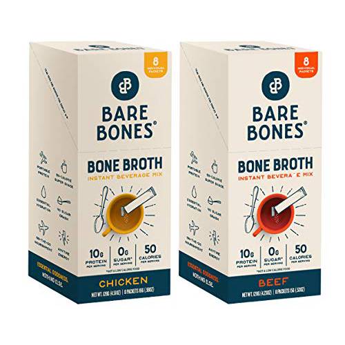 Bare Bones Bone Broth Instant Powdered Beverage Mix, Variety, 10g Protein, Keto & Paleo Friendly, 15g Sticks, 8 Ct Beef and 8 Ct Chicken, Pack of 16 Servings
