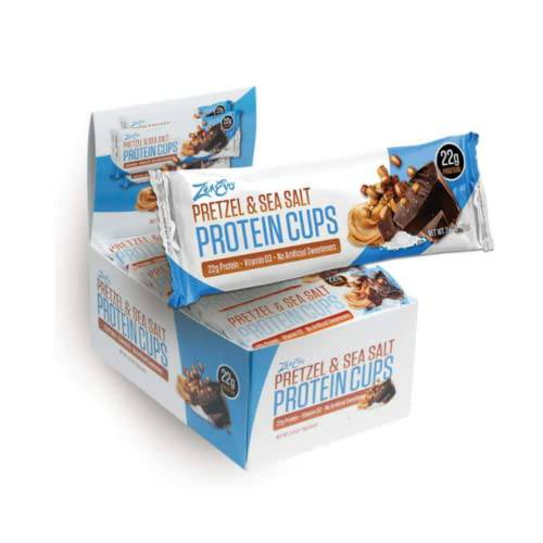 ZenEvo Pretzel & Sea Salt Chocolate Peanut Butter Protein Cups – Balanced Macros – No Sugar Spike – High Protein – Meal Replacement, 12 Count Box