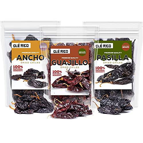 OLÉ RICO - Dried Chile Peppers 3 Pack Bundle (12 oz Total) - Ancho Chiles, Guajillo Chiles and Pasilla Chiles - The Holy Trinity of Chiles - Great For Mexican Recipes - Packaged In Resealable Bags