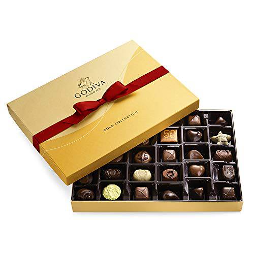 Godiva Chocolatier Chocolate Valentine’s Gift Box with Red Ribbon – 36 Piece Assorted Milk, White and Dark Chocolate with Gourmet Fillings - Special Gold Gift Box for Chocolate Lovers