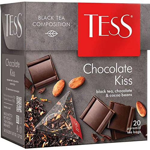 Tess Chocolate Kiss Black Tea Composition Chocolate and Cocoa Beans Leaf Tea in 20 Pyramid Sachets