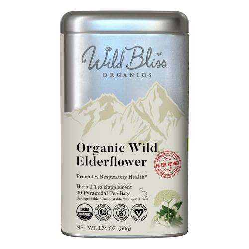 Wild Bliss Organic Elderflower Herbal Tea - Caffeine Free Elder Flowers Tisane - Pharmacopoeia Potency - 20 Tea Bags
