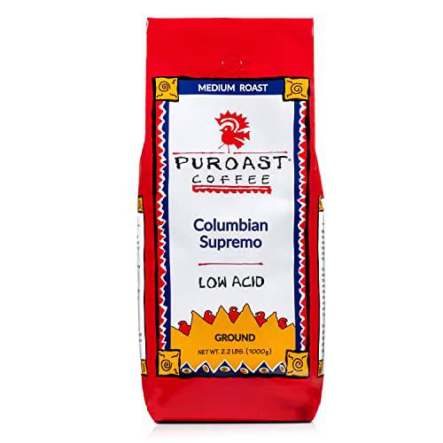Puroast Low Acid Ground Coffee, Premium Colombian Supremo Blend, High Antioxidant, 2.2 lb