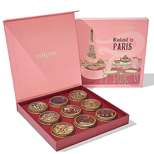 VAHDAM, Weekend in Paris Tea Gift Sets | 9 Assorted Herbal Teas, Chai Teas & Black Teas | Natural Travel Edition Gift Box | New Year Gift Basket 2023 | Happy New Year Gifts for Women & Men