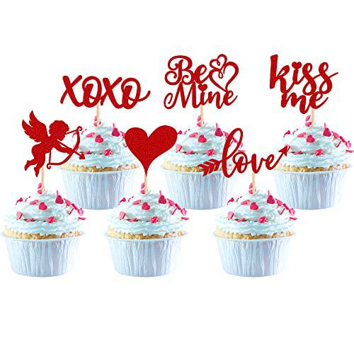 36 Pack Valentine’s day Cupcake Toppers Red Glitter Sweet Love Kiss Me Cupid Be Mine Cupcake Food Picks Valentine’s Day Theme Wedding Bridal Shower Birthday Party Cake Decorations Supplies