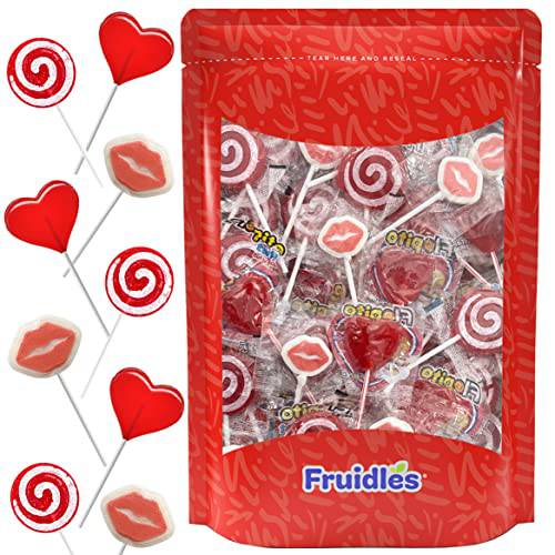 Valentine’s Lollipop Party Mix, Hearts, Lips N’ Swirls Mixed Fruit Flavor Assortment, Individually Wrapped (Half-Pound)
