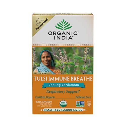 Organic India Tulsi Tea - Immune Breathe Organic Tea, Caffeine Free, Vegan, Gluten Free, Non GMO Herbal Supplement With Clearing Pushkarmool - Cooling Cardamom, (Pack of 1)