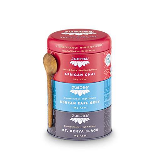 JusTea Black Tea Trio | Stacking Tins Variety Pack with Hand Carved Tea Spoon | Loose Leaf Tea | High Caffeine | Award-Winning | Fair Trade | Non-GMO