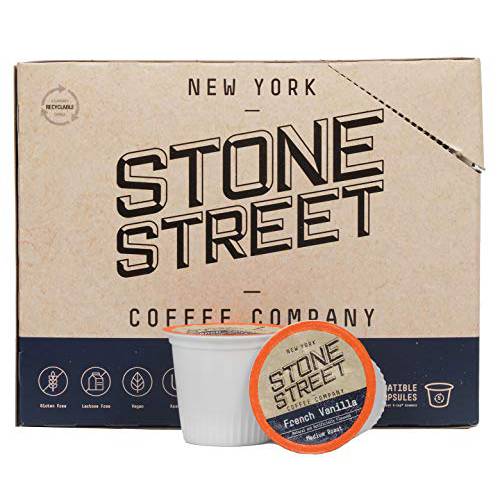 Stone Street Single Serve Flavored Coffee Pods, French Vanilla Flavor, Dark Roast, K Cups, 1 box (22 Count)