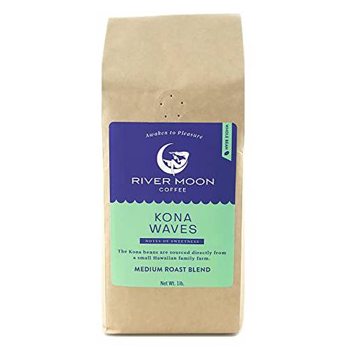 River Moon Coffee, Kona Coffee Whole Bean, Medium Roast, 16 Ounces, Kona Waves Hawaiian Coffee Blend, Sustainably Farmed, 1 pound, 100% Arabica