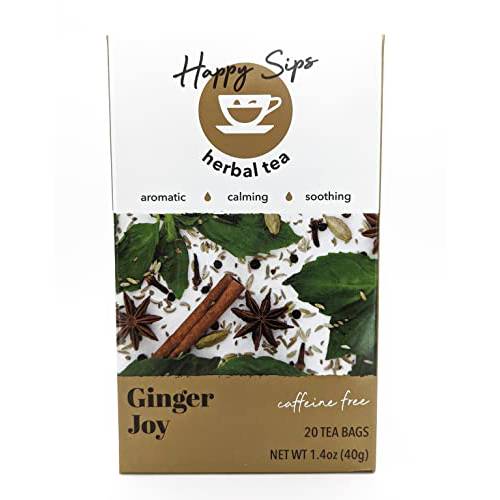 Happy Sips Herbal Tea – Ginger Joy - Made of 11 Non-GMO Natural Herbs & Spices with No Artificial Flavor, Colors, or Additives | 100% Naturally Caffeine Free | Aid in Digestion | 20 Individually Wrapped Tea Bags (Pack of 1)