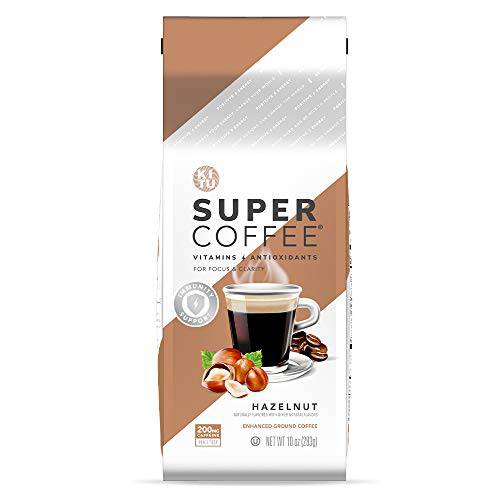 KITU SUPER COFFEE Grounds, Energy & Immunity (2x Caffeine, Vitamins, Antioxidants) [Hazelnut] 10 Oz, 1 Pack | Keto Friendly Ground Coffee, 100% Arabica Coffee Ground