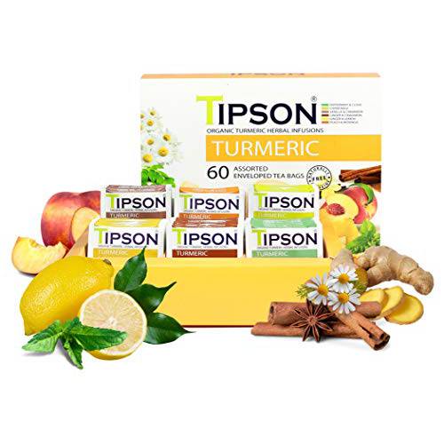 Tipson Organic Turmeric Herbal Tea - 6 Assorted Flavors - 60 Foil Enveloped Double Chambered Bags - Antioxidant Superfood - Caffeine Free - NonGMO - Gluten Free