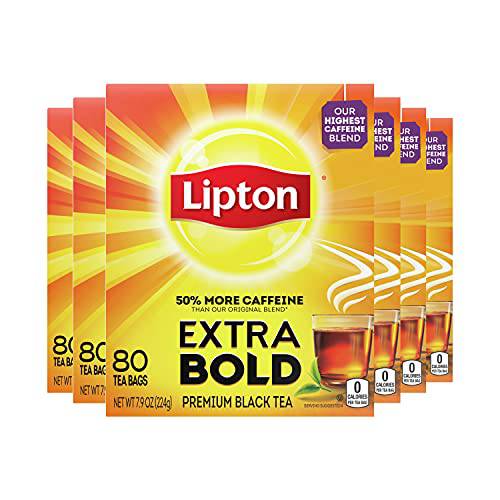 Lipton Black Tea Bags for a Classic Caffeinated Beverage Extra Bold No Artificial Flavors, Yellow, 80 Count, Pack of 6
