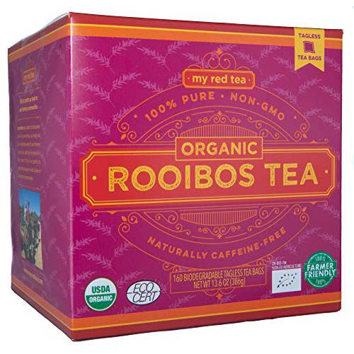 Rooibos Tea, USDA Certified Organic Tea, MY RED TEA. Tagless South African, 100% Pure, Single Origin, Natural, Farmer Friendly, GMO and Caffeine Free (160 Teabag)