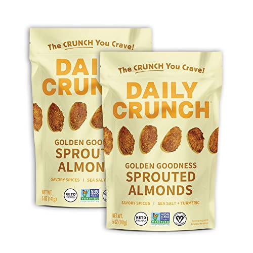 Daily Crunch Sprouted Almonds, 5 Ounce Resealable Bags (Golden Goodness, 2 Pack) - Savory Spices, Sea Salt and Turmeric, Sprouted and Dehydrated for a Unique Crunch, Keto Friendly, Non-GMO, Oil and Salt Free, Vegan, Healthy Snack