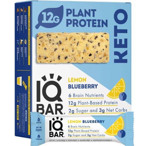 IQBAR Brain and Body Keto Protein Bars - Lemon Blueberry Keto Bars - 12-Count Energy Bars - Low Carb Protein Bars - High Fiber Vegan Bars and Low Sugar Meal Replacement Bars - Vegan Snacks