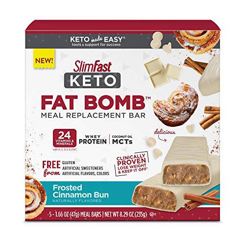 SlimFast Keto Fat Bomb Meal Replacement Whey Protein Bar, Frosted Cinnamon Bun, Low Carb with 7g Protein, 5 Count Box (Packaging May Vary)