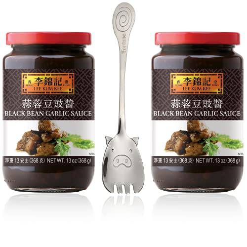 Lee Kum Kee LKK Black Bean Garlic Sauce 13oz (Pack of 2) + FortuneHouse Stainless Steel Designer Piggy Spork
