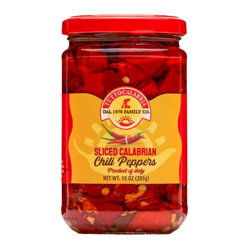 Sliced Calabrian Chili Peppers, Rounds, Cut, Chopped, 10 oz (290 g), All Natural, Non-GMO, Product of Italy, TuttoCalabria