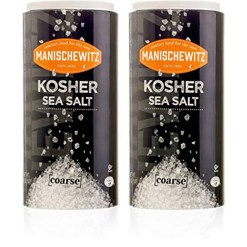 Manischewitz Premium Kosher Salt, Coarse Sea Salt, 16oz (2 Pack Total 2 Pounds) Easy Pour Canister, Product of Italy, Pure Mediterranean Sea Salt, The Perfect Salt Grinder Refill