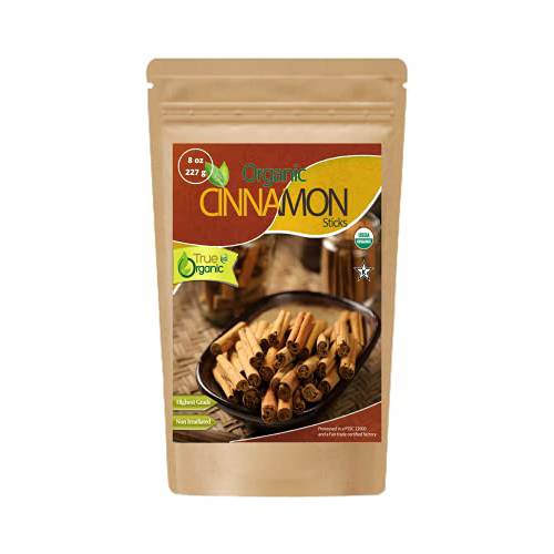 True Organic Ceylon Cinnamon Sticks, 08 ounces Bulk Bag, USDA Organic & Kosher Certified, Non-GMO, Ceylon Cinnamon stick, Perfect for Baking, Cooking, Drinks & Beverages, Pure Ceylon Premium Quality [8 Oz]