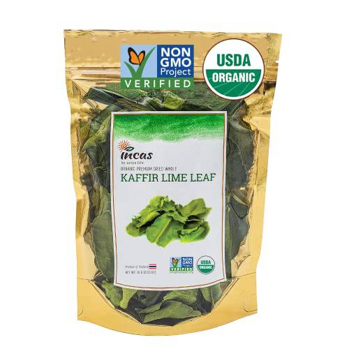 Incas 100% USDA Organic Kaffir Lime Leaves 0.53 oz Grown In Thailand Non GMO Verified Original Authentic Taste ใบมะกรูดเเห้ง Whole Uncrumpled Leaves Key Ingredient in Thai Cuisine