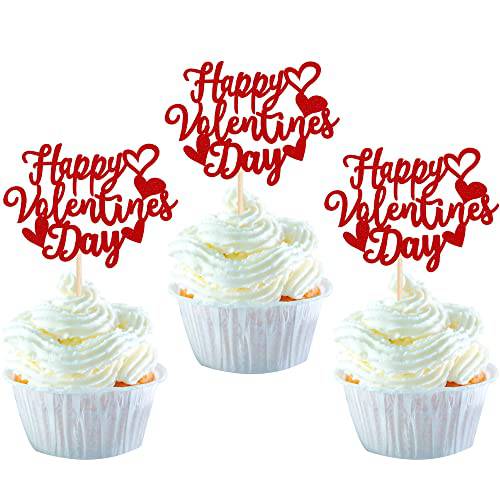24 Pack Happy Valentine’s Day Cupcake Toppers with Heart Glitter Sweet Love Theme Valentine’s Day Cupcake Food Picks Valentine’s Day Theme Birthday Party Cake Decorations Supplies Red