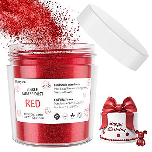 Red Edible Luster Dust 10 Grams, Food Grade Cake Luster Dust Tasteless Dessert Dusting Powders for Baking Cherrysea Food Coloring Powder for Cupcakes, Cake Pops,Fondant,Chocolate, Candy