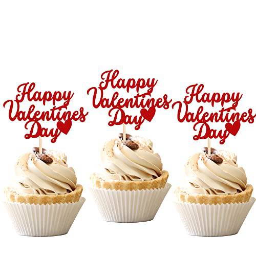 24 PCS Happy Valentine’s Day Cupcake Toppers Glitter Sweet Love Be Mine Valentines Cupcake Picks Valentine’s Day Theme Birthday Party Cake Decorations Supplies Red