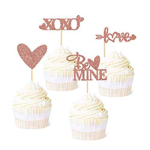 Ercaido 48 Pack Red Glitter Valentine’s Day Cupcake Toppers Love Theme be Mine Wedding Engagement Cupcake Picks Bridal Shower Valentine’s Party Cake Decorations