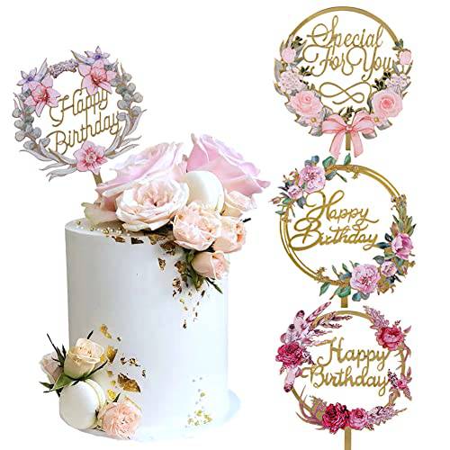4pcs Gold Cake Toppers Flower Cake Toppers Acrylic Cake Topper Happy Birthday Cake Topper Cake Decoration Supplies