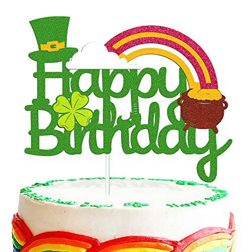 St Patrick’s Day Birthday Cake Topper Lucky St Paddy’s Day Four Leaf Clover Shamrock Irish Themed Cake Smash Decorations for Happy Birthday 1ST 2nd Bday Party Supplies