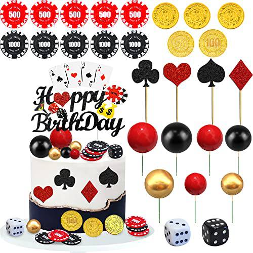 30PCS Casino Cake Decoration Set with Happy Birthday Cake Topper Poker Heart Cupcake Toppers Pick Las Vegas Themed Foam Pearl Balls Chips Gold Coins for Women Men Wedding Game Poker Night Party Supply