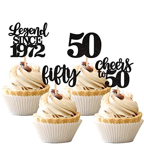 24 PCS Black 50th Birthday Cupcake Toppers Glitter Fifty Cheers to 50 Legend Since 1973 Cupcake Picks for Happy 50th Birthday Wedding Anniversary Party Cake Decorations Supplies