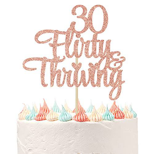 Ferastar 30 Flirty & Thriving Cake Topper, Cheers to 30 Years, Happy 30th Birthday Anniversary Party Decorations Rose Gold Glitter.