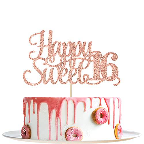 YotaWish Rose Gold Glitter Happy Sweet 16 Cake Topper - Happy 16th Birthday Cake Decor - Hello 16, Cheers to 16 Years Birthday Party Decoration Supplies