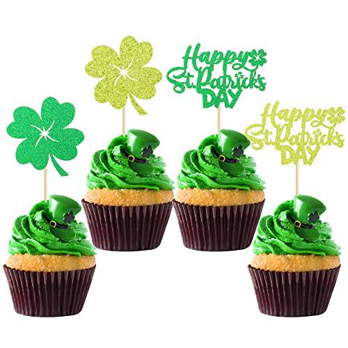 Gyufise 24 Pack Happy St Patrick’s Day Cupcake Toppers Four Leaf Clover Shamrock Cake Topper Decorations for St.Patricks Babyshower Party Supplies Birthday Decorations
