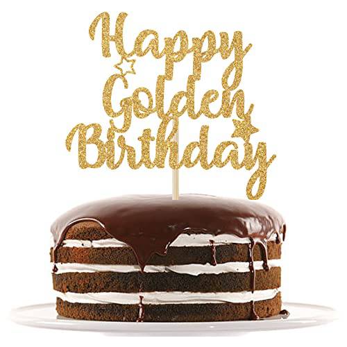 Happy Golden Birthday Cake Topper, Golden Birthday Cake Decorations, Gold Glitter Birthday Party Decoration Supply