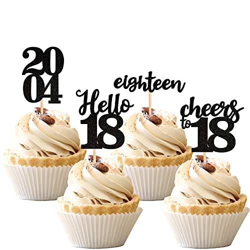 24 PCS 18th Birthday Cupcake Toppers Glitter Hello 18 Cheers to 18 Eighteen Since 2005 Cupcake Picks for Happy 18th Birthday Party Cake Decorations Supplies Black