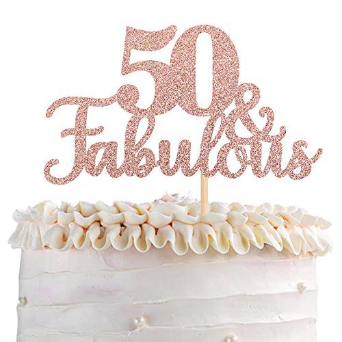 1 PCS 50 & Fabulous Cake Topper Glitter Fifty and Fabulous Cake Toppers Happy 50th Birthday Cake Pick for 50th Wedding Anniversary Birthday Party Cake Decorations Supplies Rose Gold