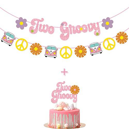 Two Groovy Banner Two Groovy Cake Topper for Groovy Second Birthday Woodstock Birthday Party Decorations