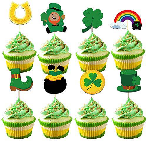 24PCS St.Patricks Day Cupcake Toppers - Shamrock Leprechaun Gold Coin Cupcake Picks Birthday Cake Dessert Decorations for Irish Birthday Wedding Party