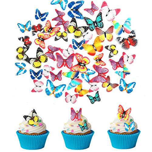 Weraru 48Pcs Edible Cake Butterfly Decoration Cake Toppers Birthday Party Cupcake Toppers Mixed Size & Colour