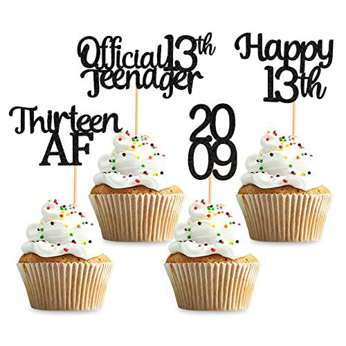 Keaziu 36 Pack Black 13th Birthday Cupcake Toppers Official Teenager 13th Cupcake Toppers Happy 13th Old Thirteen AF Cupcake Picks Birthday Decorations Supplies